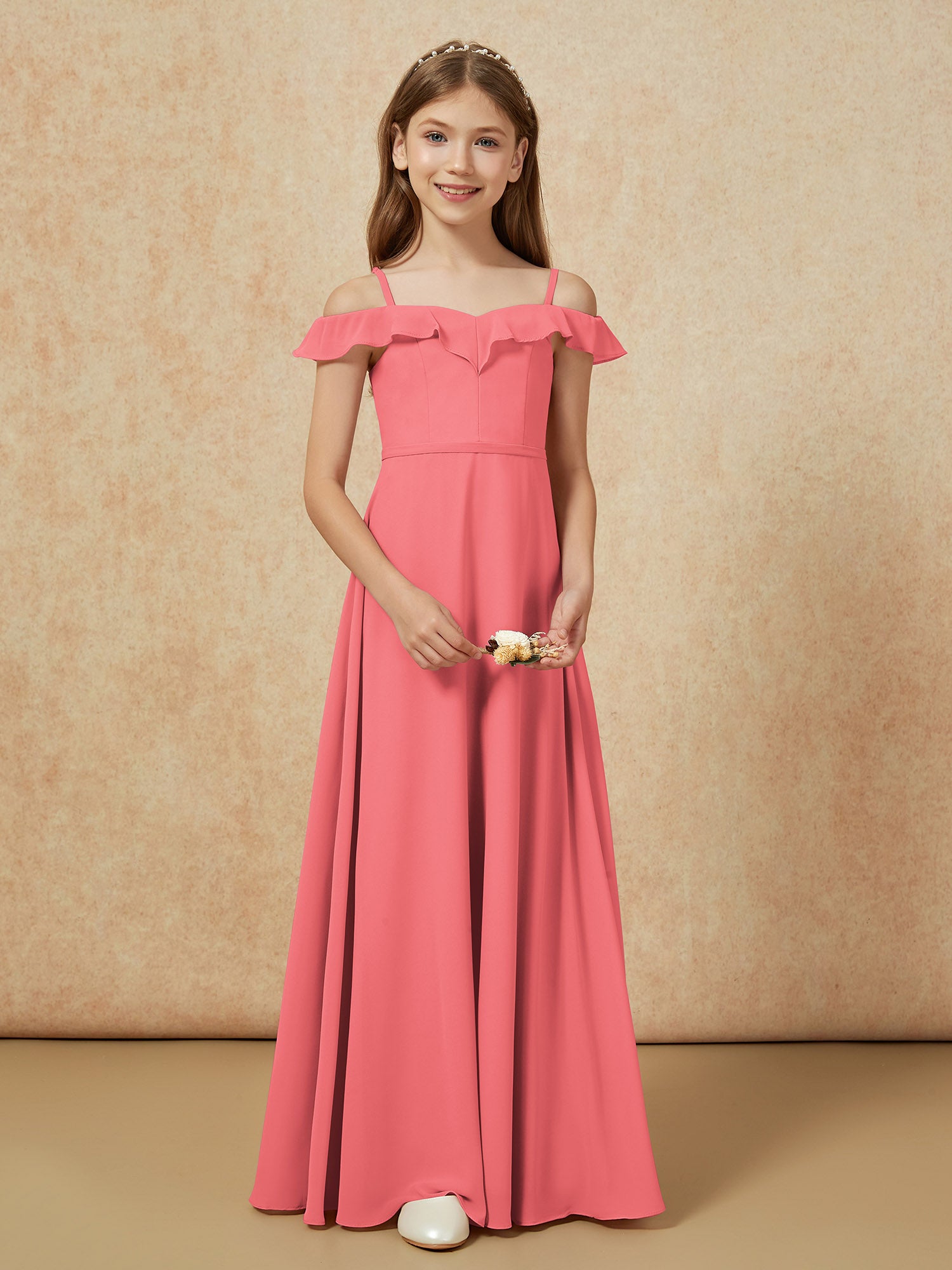 Off-the-shoulder A-Line Junior Bridesmaid Dresses Watermelon
